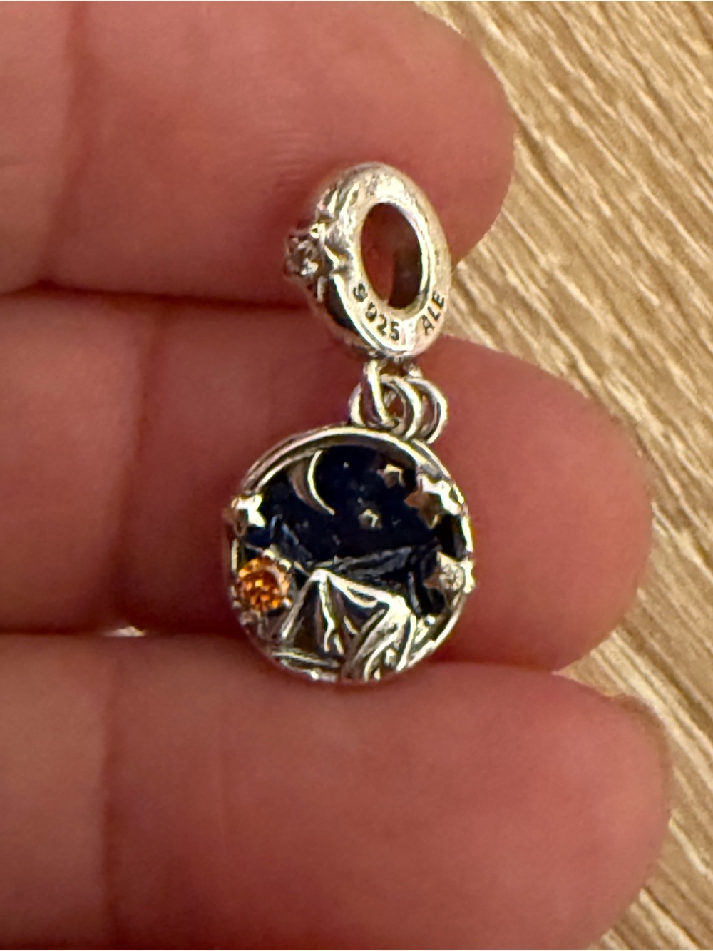Sterling Silver Night Camping Charm with Blue and Gold Accents